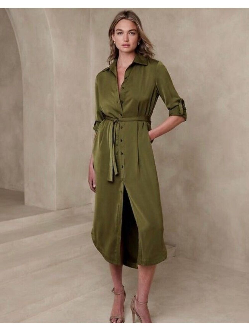 NWT Banana Republic Satin Maxi Shirtdress olive green